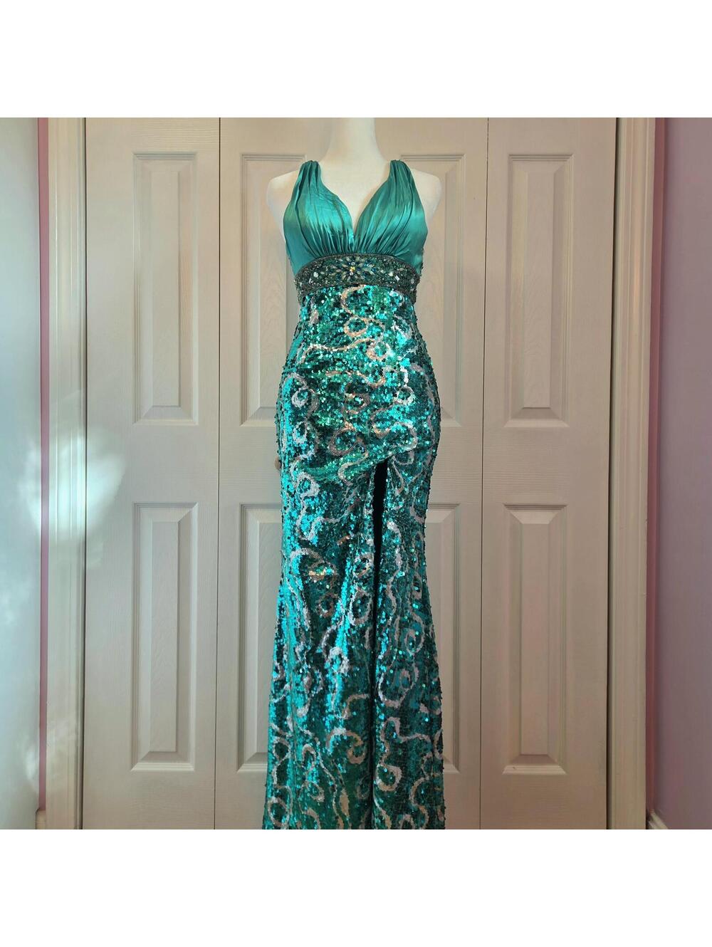 Y2K Teal Beaded Sequin Mermaid Gown Sz 0 Rhinestone Open Back Formal Prom Dress